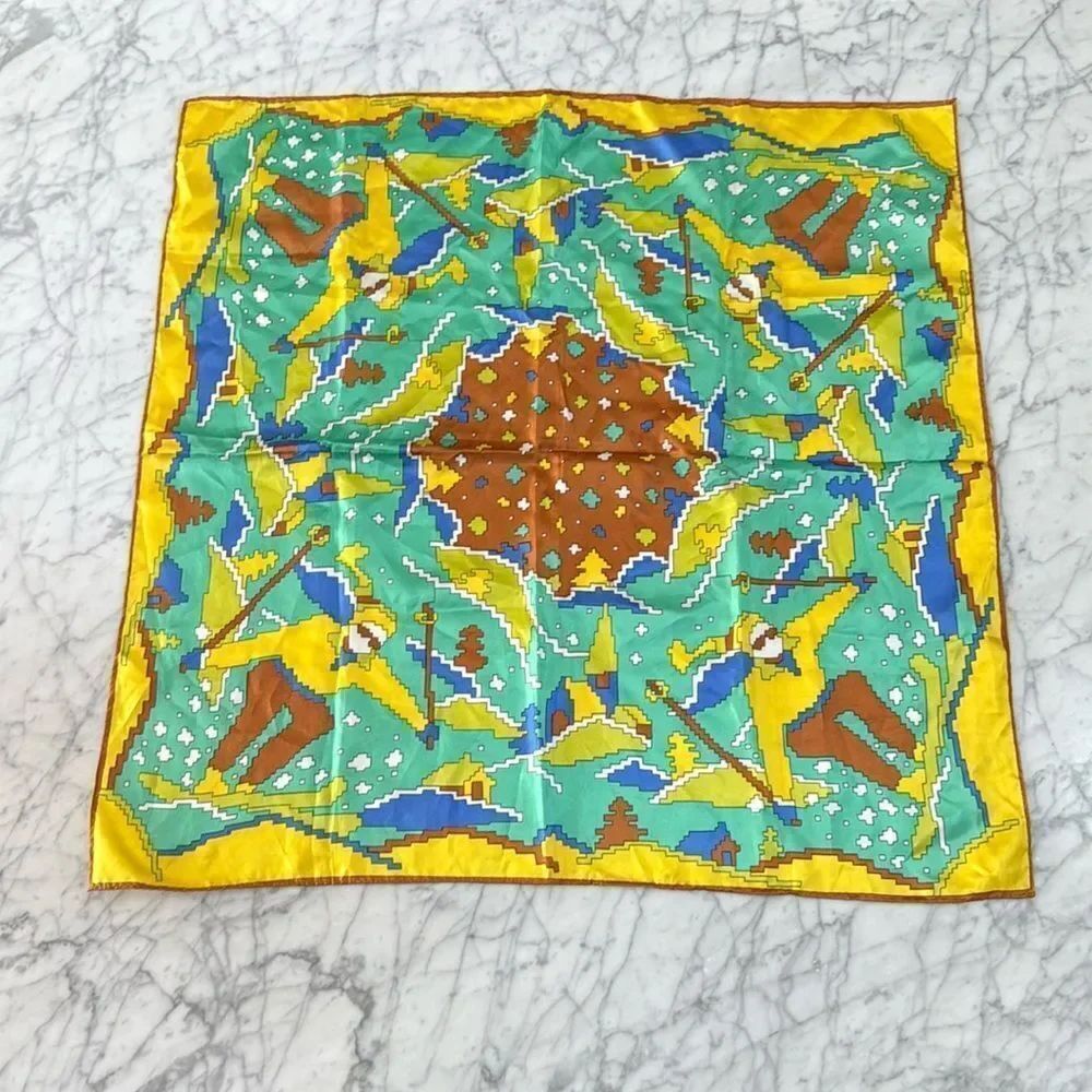 Vintage Ski Pixelated bandana skiing scarf 90’s Brown Yellow 27x27